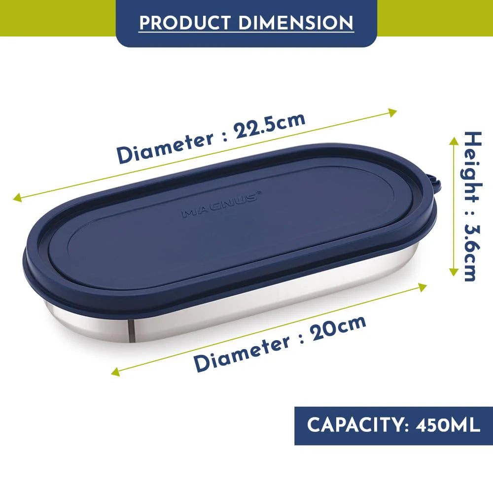 Easy Lock Oval Prime Stainless Steel Container – Airtight & Leakproof Lid for School, Office, Picnic | Ideal for Men, Women & Kids (Dark Blue, 450ml)
