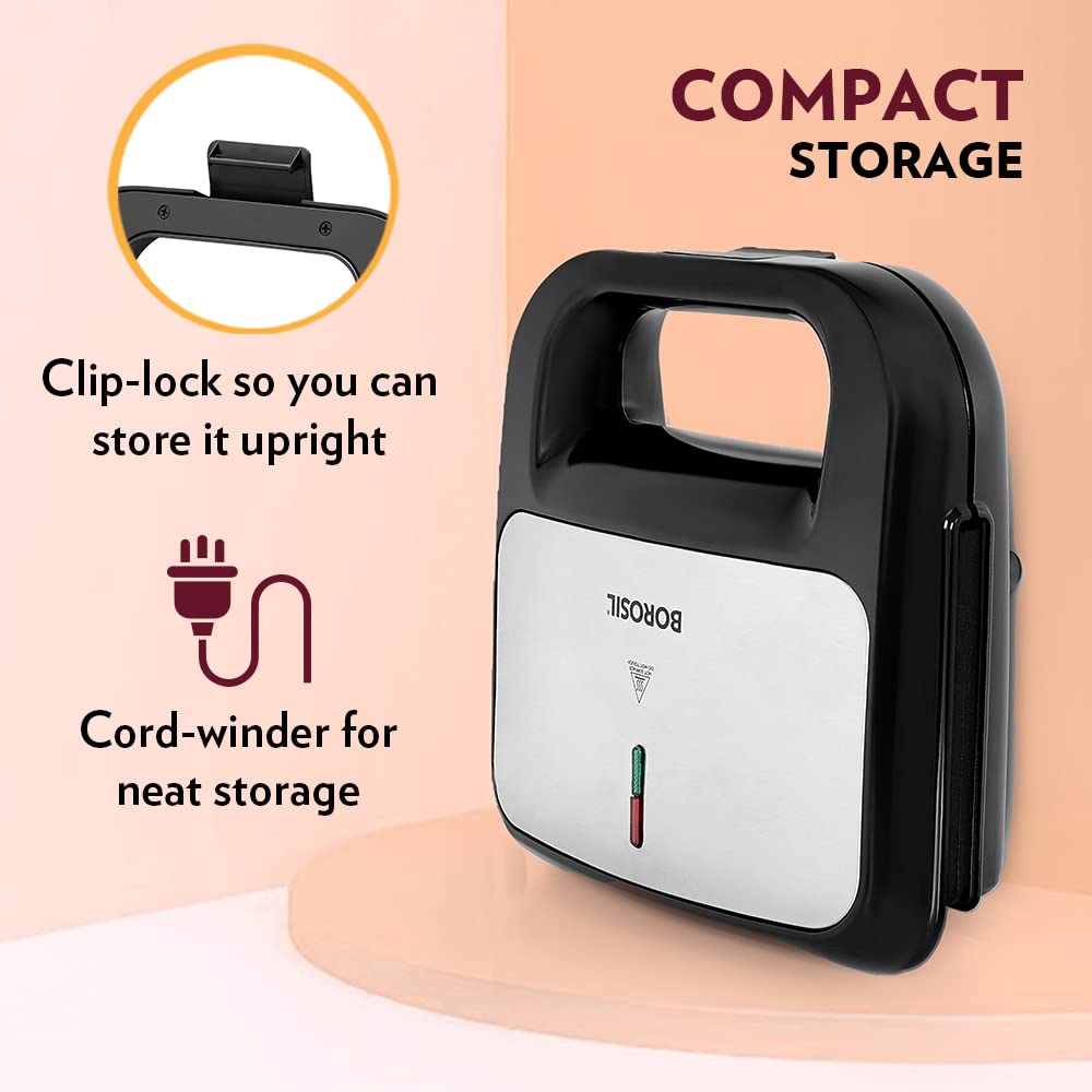 Borosil Klassy Grill Sandwich Maker 800 W, opens 90°