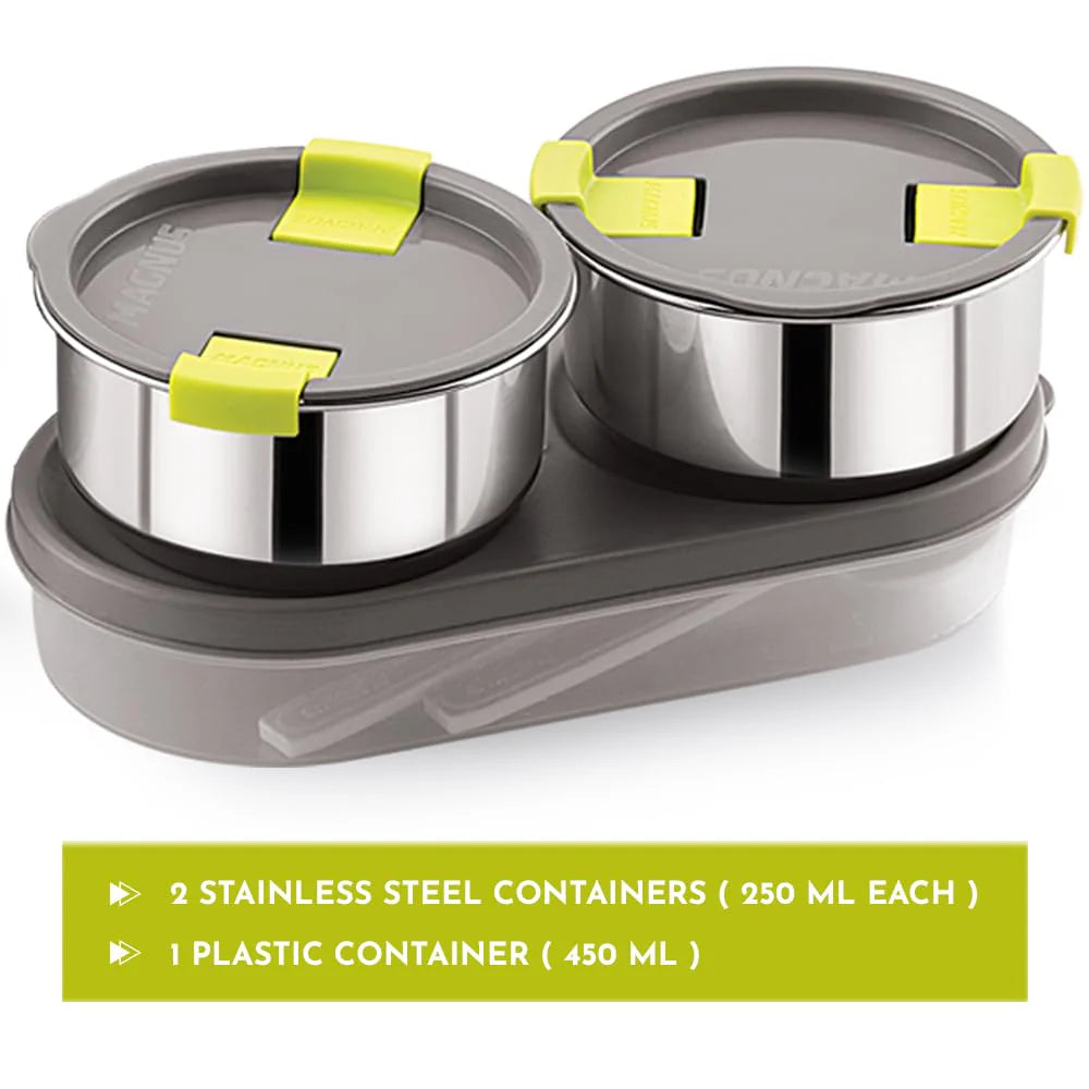 Olive-3 Stainless Steel Lunch Box Set – 3 Leak-Proof Containers with Insulated Thermal Bag | 950ml Airtight Tiffin for Office, School & Kids (Silver)