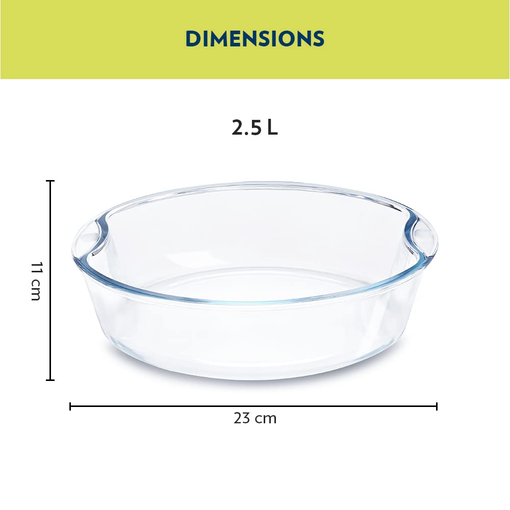 2.5 Baking Dish Set with Handle | Round Shape Bowl Container | Borosilicate Glass Bake and Serve Dish Tray | Microwave, Oven & Dishwasher Safe | Transparent