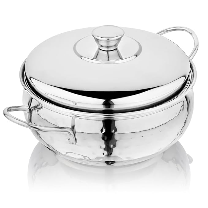 Vinod Stainless Steel Milano Hammered Serving Casserole with Steel Lid & Side Handle – 1630 ml, 18 cm