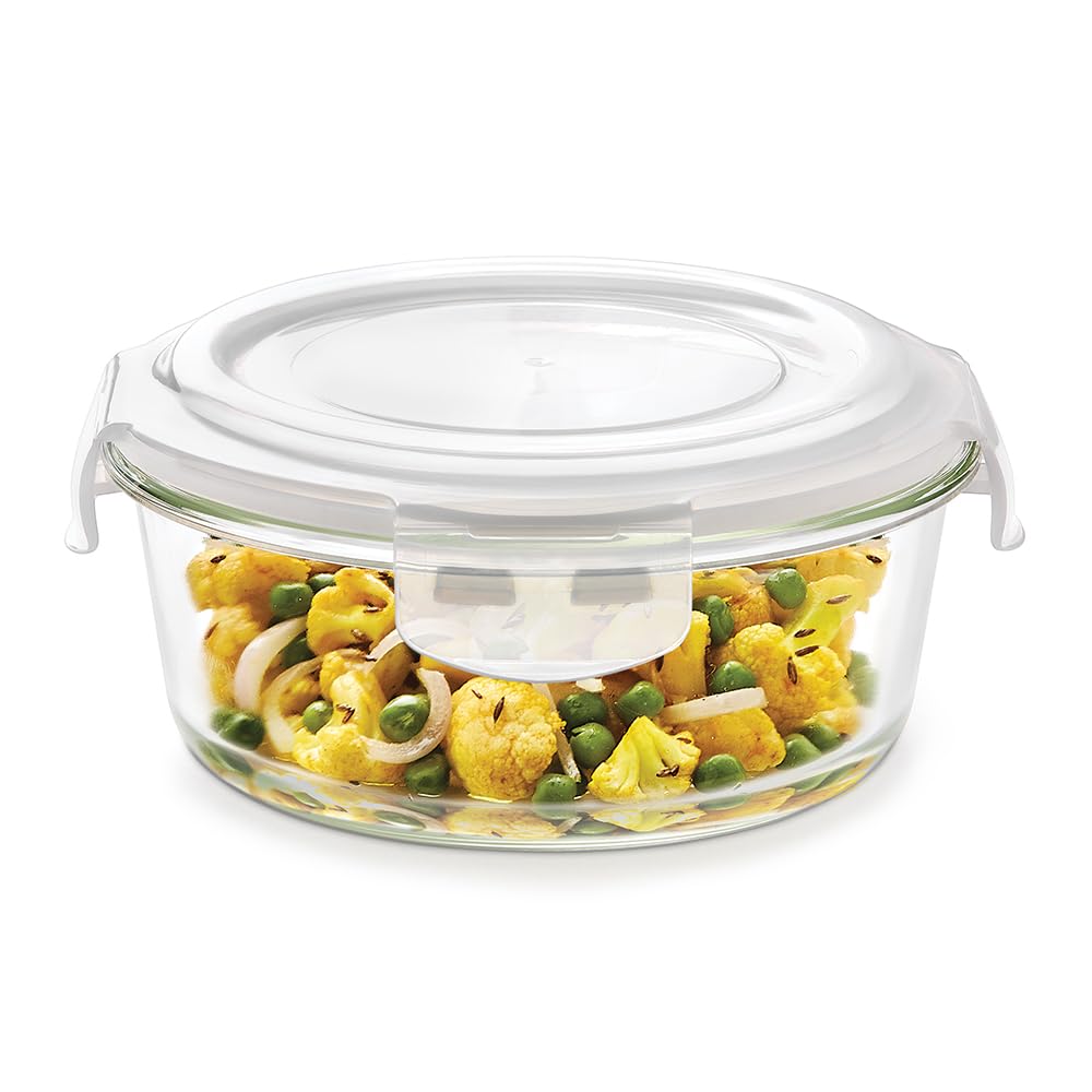 Borosil Klip N Store Glass Storage Container For Kitchen With Air-Tight Lid, Microwave & Oven Safe, Round, 950 ml, Clear