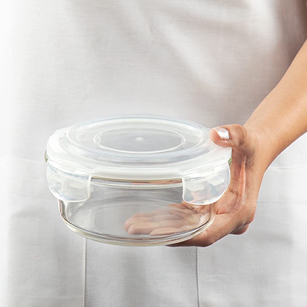 Borosil Klip-N-Store Set of 3 Microwave & Oven Safe Gift Set, Glass Storage Container, 400ml, 620ml & 950ml Round, with Air Tight Lid (Transparent)