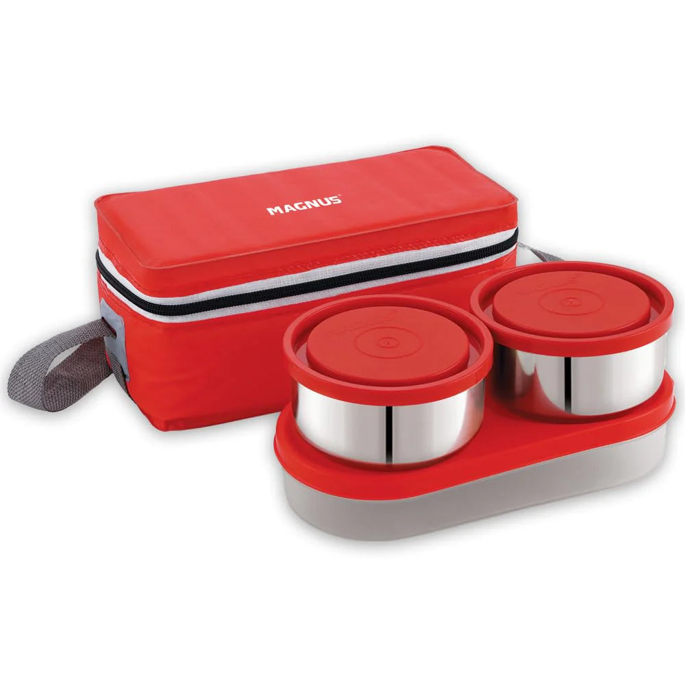 Fancy-3 Stainless Steel Lunch Box Set – 3 Leak-Proof Containers with Stylish Red Carry Bag | 3 Compartments, Washable Cover | Lunch Box for Kids & Office Men | Safe & Durable Design