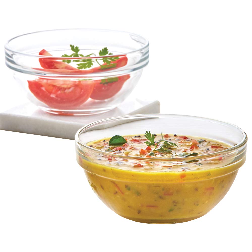 Borosil 375ml 6pc Stackable Serving Katorie Set | Borosilicate Glass Bowl for Kitchen & Dinning | Kattori Bowl for Serving Dips, Chutney, Herbs, Sauce, Ketchup | Microwave & Dishwasher Safe