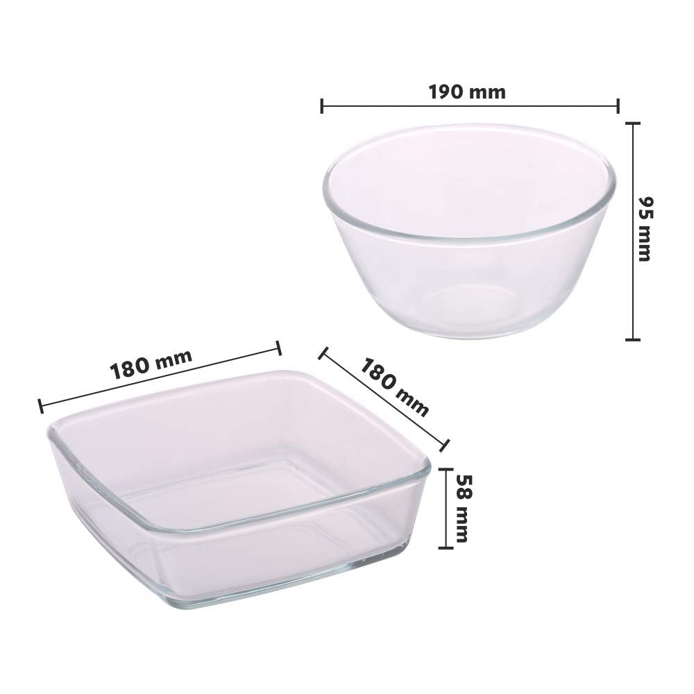 Borosil - Ih77Gs03702 Glass Mixing Bowl and Square Dish with Lid Set, 2-Pieces, Transparent Ih22Dh12216 Glass Baking Dish 1.3 L, Microwave Safe & Oven Safe