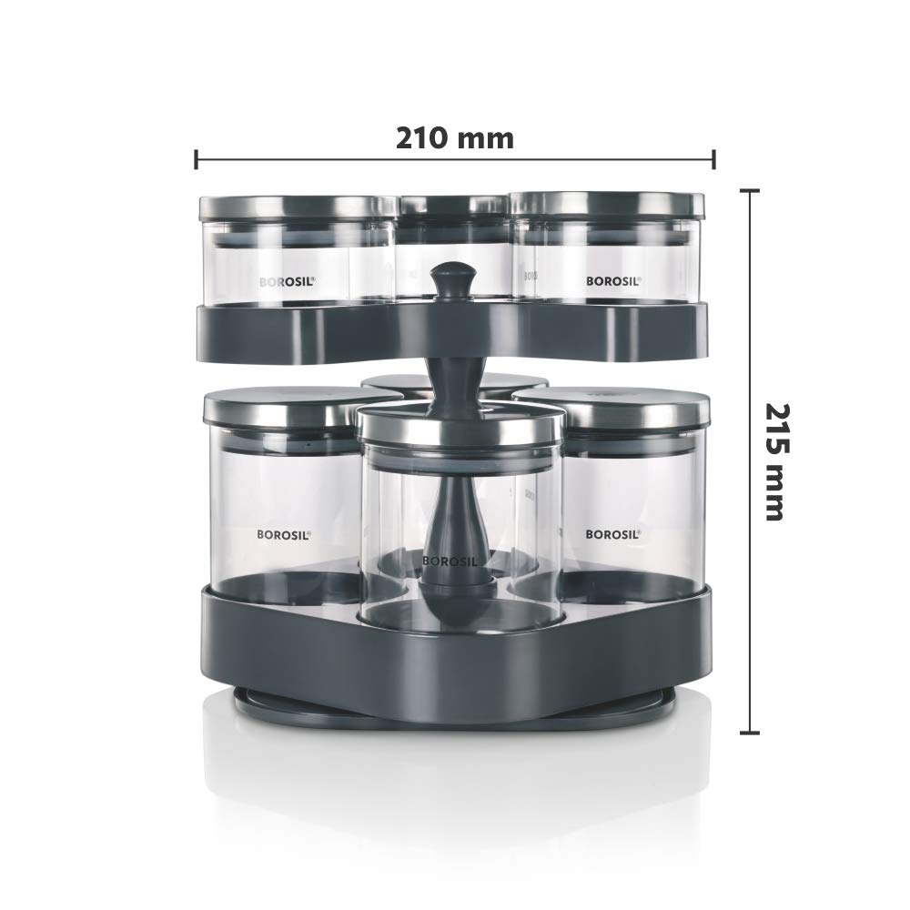 Borosil Spin N Store Tray With Classic Glass Jars, 360° Rotating Tray, Air-Tight Storage Containers For Kitchen, Glass Jar For Storing Spices, Snacks, Grains, Dals, Set of 7, Clear