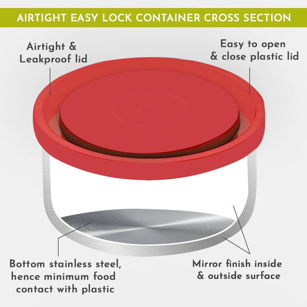 Fancy-3 Stainless Steel Lunch Box Set – 3 Leak-Proof Containers with Stylish Red Carry Bag | 3 Compartments, Washable Cover | Lunch Box for Kids & Office Men | Safe & Durable Design