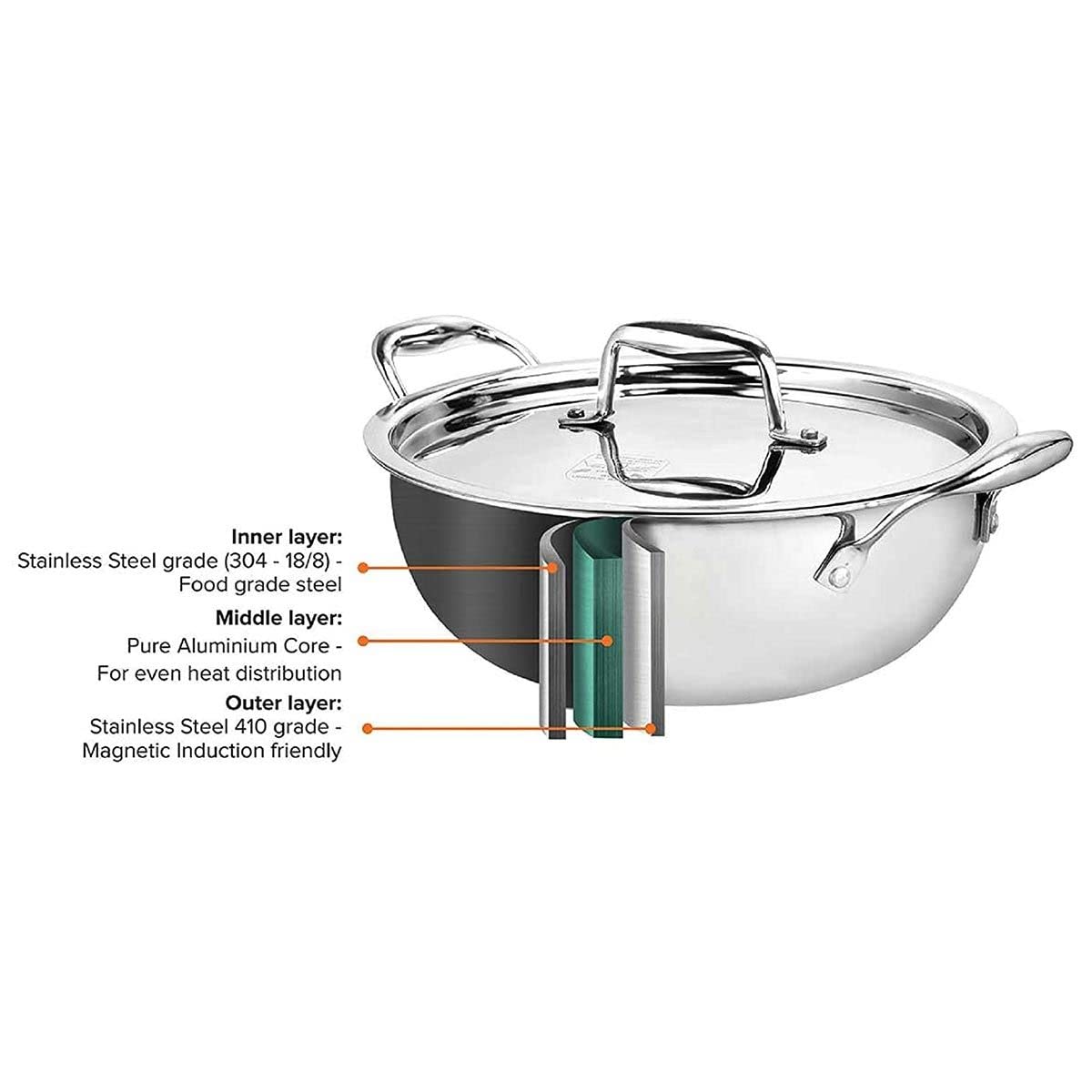 Signoraware Artista Triply Shallow Kadhai Stainless Steel Induction Compatible Triply with Steel Lid (Induction and Gas Compatible), 22cm, Capacity 2100ml, Silver