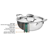 Signoraware Artista Triply Shallow Kadhai Stainless Steel Induction Compatible Triply with Steel Lid (Induction and Gas Compatible), 22cm, Capacity 2100ml, Silver