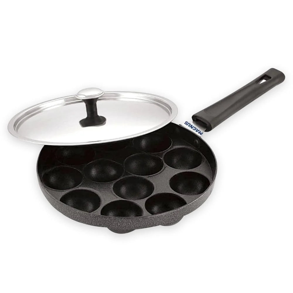 Appam Patra with Stainless Steel Lid | 12 Cavity Non-Stick Pan | Induction Friendly | Heavy Duty Aluminum | Single Handle with SS Lid | Appam Pan | Litti Maker | Black