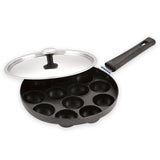 Appam Patra with Stainless Steel Lid | 12 Cavity Non-Stick Pan | Induction Friendly | Heavy Duty Aluminum | Single Handle with SS Lid | Appam Pan | Litti Maker | Black