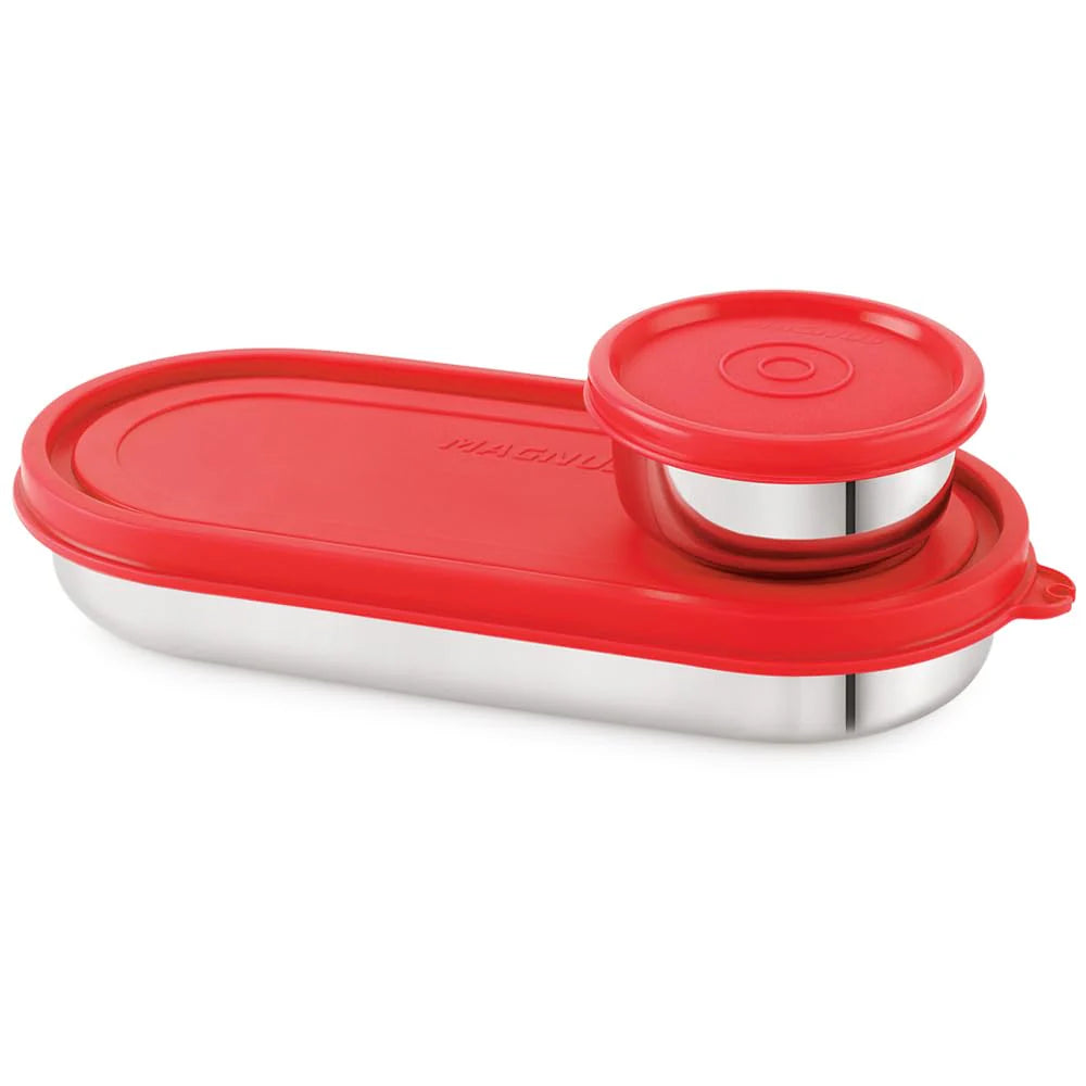 Easy Lock Stainless Steel Prime Oval & Chocolate Container Set – Airtight & Leakproof Tiffin for School, Office, Picnic | Lunch Box for Men, Women & Kids (Red, 100ml & 450ml)