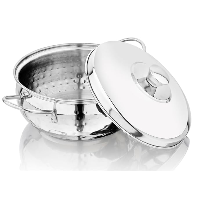 Vinod Stainless Steel Milano Hammered Serving Casserole with Steel Lid & Side Handle – 1630 ml, 18 cm
