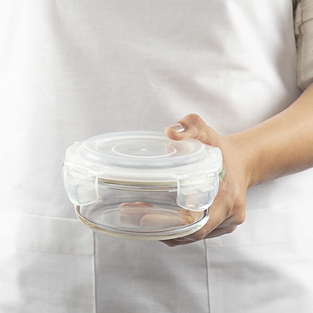Borosil Klip-N-Store Set of 3 Microwave & Oven Safe Gift Set, Glass Storage Container, 400ml, 620ml & 950ml Round, with Air Tight Lid (Transparent)
