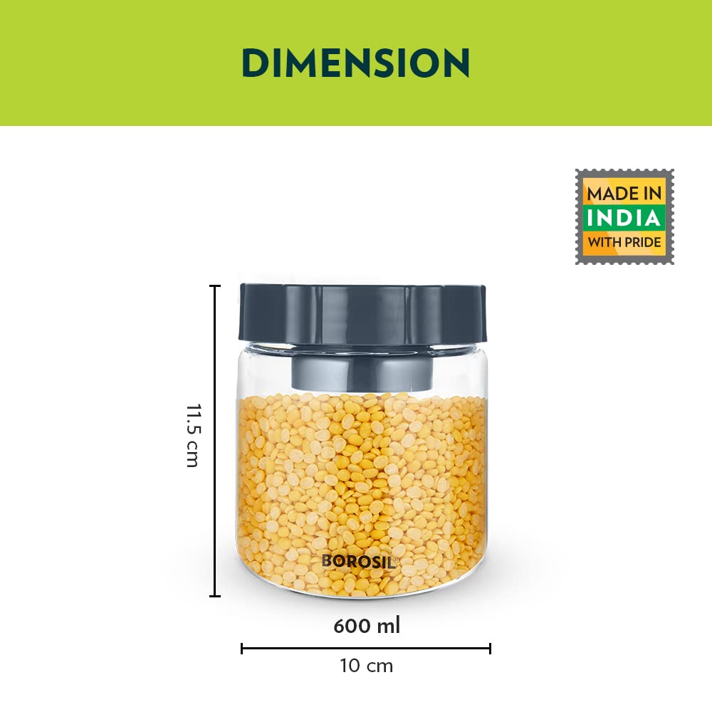 Borosil 600ml Easyscoop Endura Glass Jar with PP Lid | Made in India Borosilicate Glass Storage Organiser | Microwave & Dishwasher Safe Kitchen Containers for Spices, Snacks, Grains, Dals | Clear