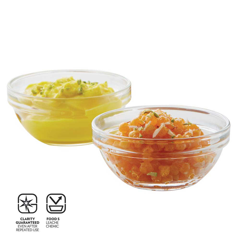 Borosil 150ml 6pc Stackable Serving Katorie Set | Borosilicate Glass Bowl for Kitchen & Dinning | Kattori Bowl for Serving Dips, Chutney, Herbs, Sauce, Ketchup | Microwave & Dishwasher Safe