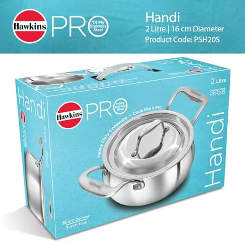 Hawkins Pro 2L Triply Stainless Steel Handi with Lid - Cooking & Serving Pan (PSH20S)