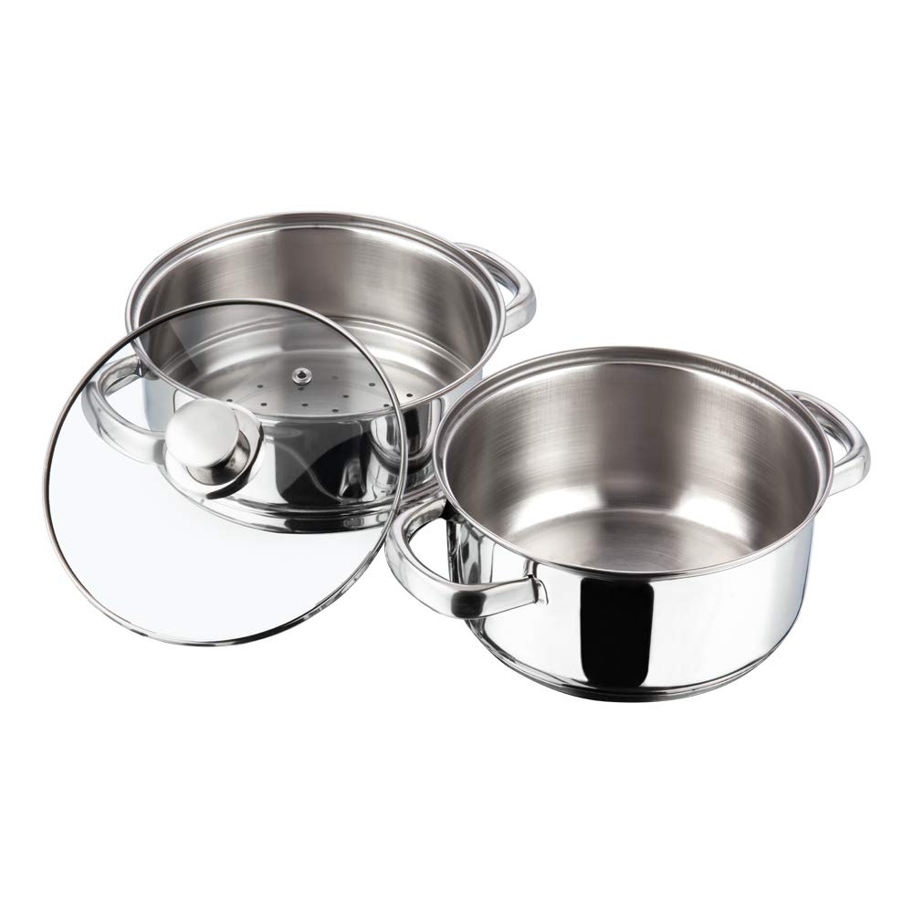 Vinod 2 Tier Steamer with Glass Lid Stainless Steel - 18cm (Induction Friendly)