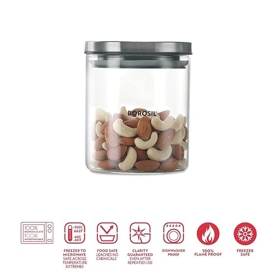 Borosil Classic Glass Jar with Wooden Tray, Air-Tight Storage Container For Kitchen, Glass Jar For Storing Spices, Snacks, Grains, Dals, Set of 3 (600 ml each) with Wooden Tray, Clear