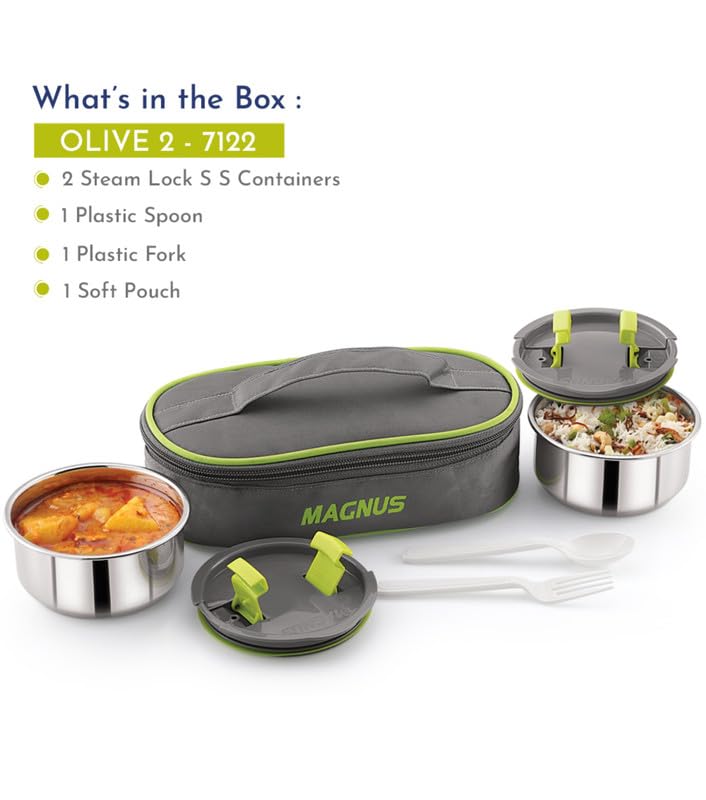 Olive-2 Stainless Steel Lunch Box Set – 2 Leak-Proof Containers with Insulated Bag | Airtight, Durable & Microwave-Safe Tiffin for Office, School, Kids & Travel (Silver)