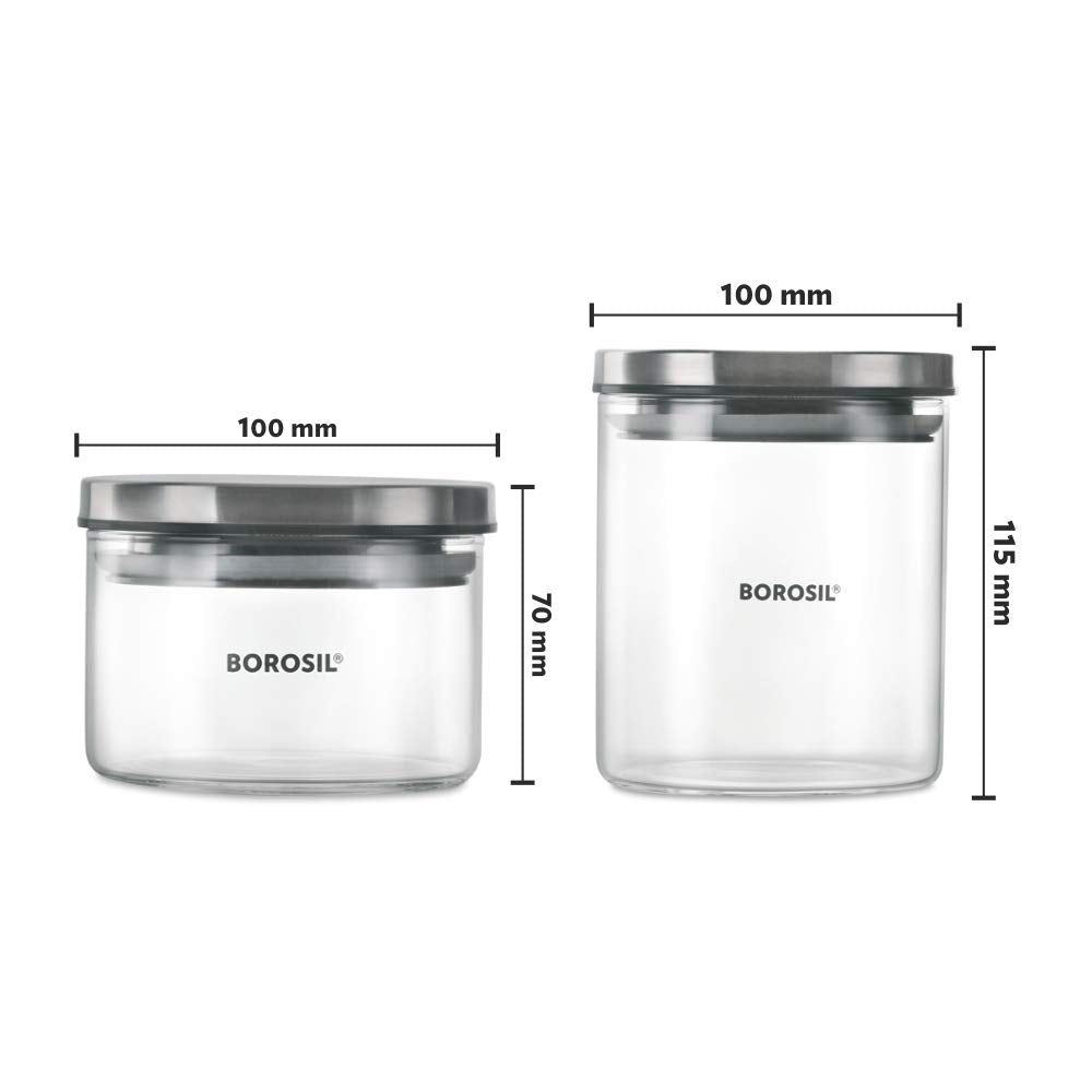 Borosil Spin N Store Tray With Classic Glass Jars, 360° Rotating Tray, Air-Tight Storage Containers For Kitchen, Glass Jar For Storing Spices, Snacks, Grains, Dals, Set of 7, Clear
