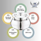 Mukti Stainless Steel Food Storage Handis & Cooking Pots|Curry Pots, Gravy, Rice Patilas, Biryani Kadhai & Topes|Khichdi King with Lid|1100ml x 1pc