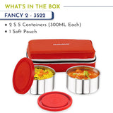 Fancy-2 Stainless Steel Lunch Box Set – 2 Leak-Proof Containers with Insulated Carry Bag | 1050ml Compact Tiffin for Office & School, Washable Cover