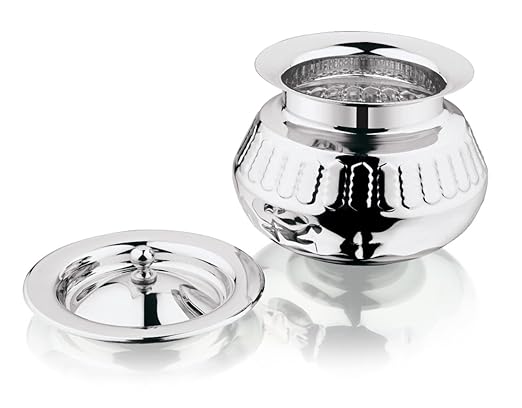 Mukti Stainless Steel Food Storage Handis & Cooking Pots|Curry Pots, Gravy, Rice Patilas, Biryani Kadhai & Topes|Khichdi King Pracheen with Lid|1100ml x 1pc