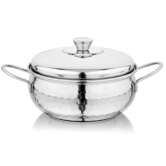 Vinod Stainless Steel Milano Hammered Serving Casserole with Steel Lid & Side Handle – 1630 ml, 18 cm