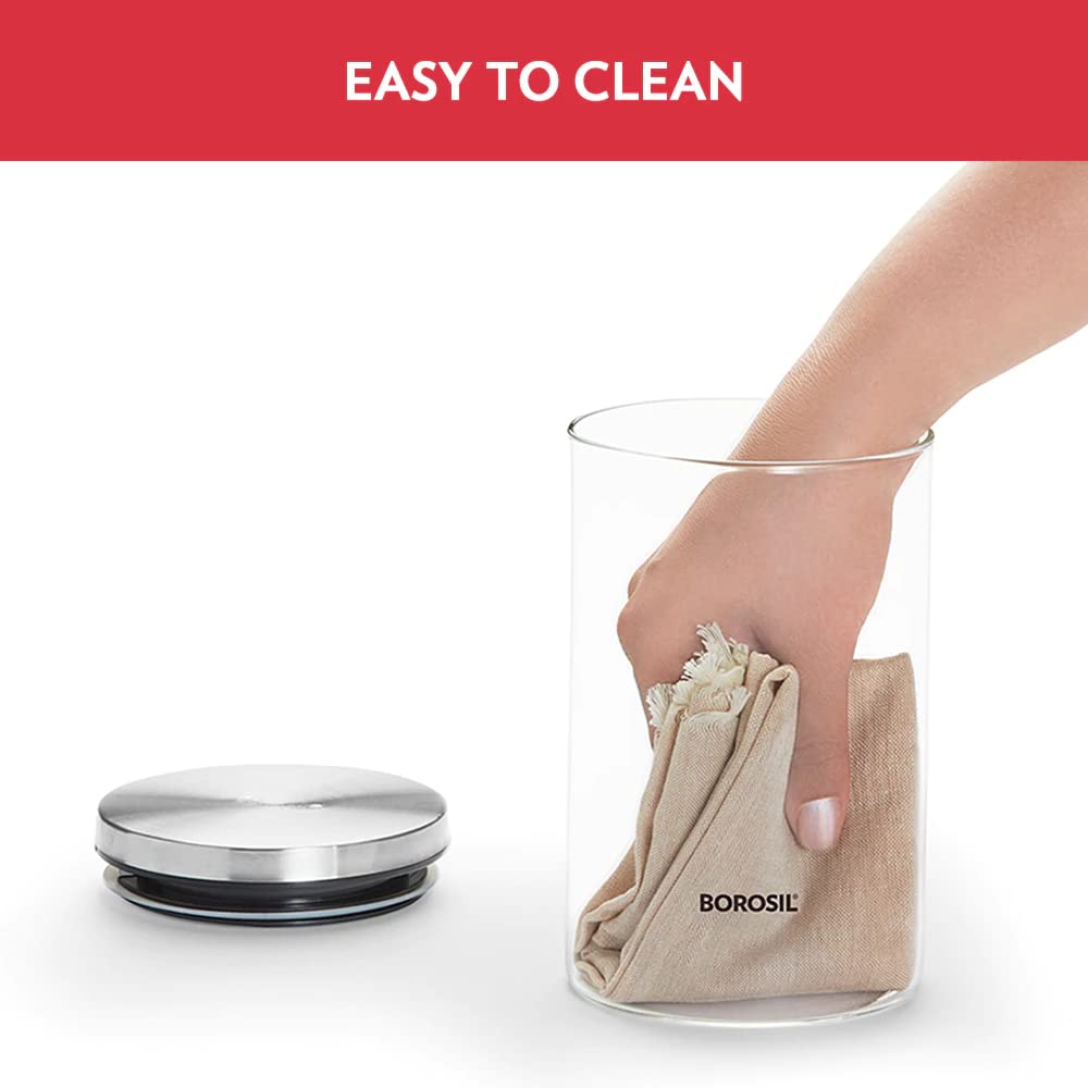 Borosil Classic Glass Jar with Wooden Tray, Air-Tight Storage Container For Kitchen, Glass Jar For Storing Spices, Snacks, Grains, Dals, Set of 3 (600 ml each) with Wooden Tray, Clear
