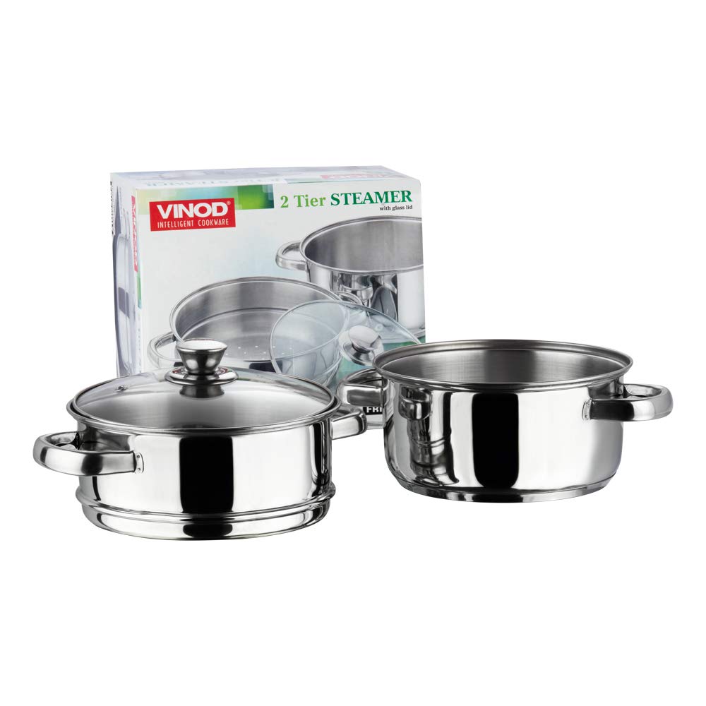 Vinod 2 Tier Steamer with Glass Lid Stainless Steel - 18cm (Induction Friendly)