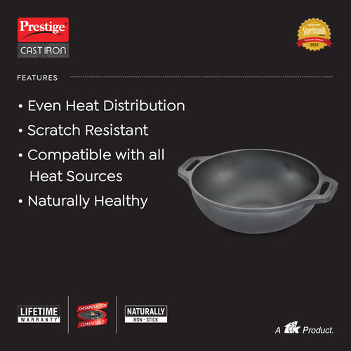 Prestige Cast Iron Scratch Resistant Round Base Kadai, 26cm (Black) 30561