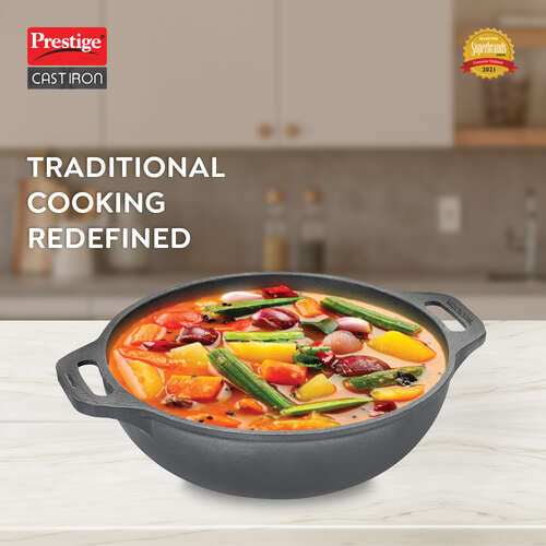 Prestige Cast Iron Scratch Resistant Round Base Kadai, 26cm (Black) 30561