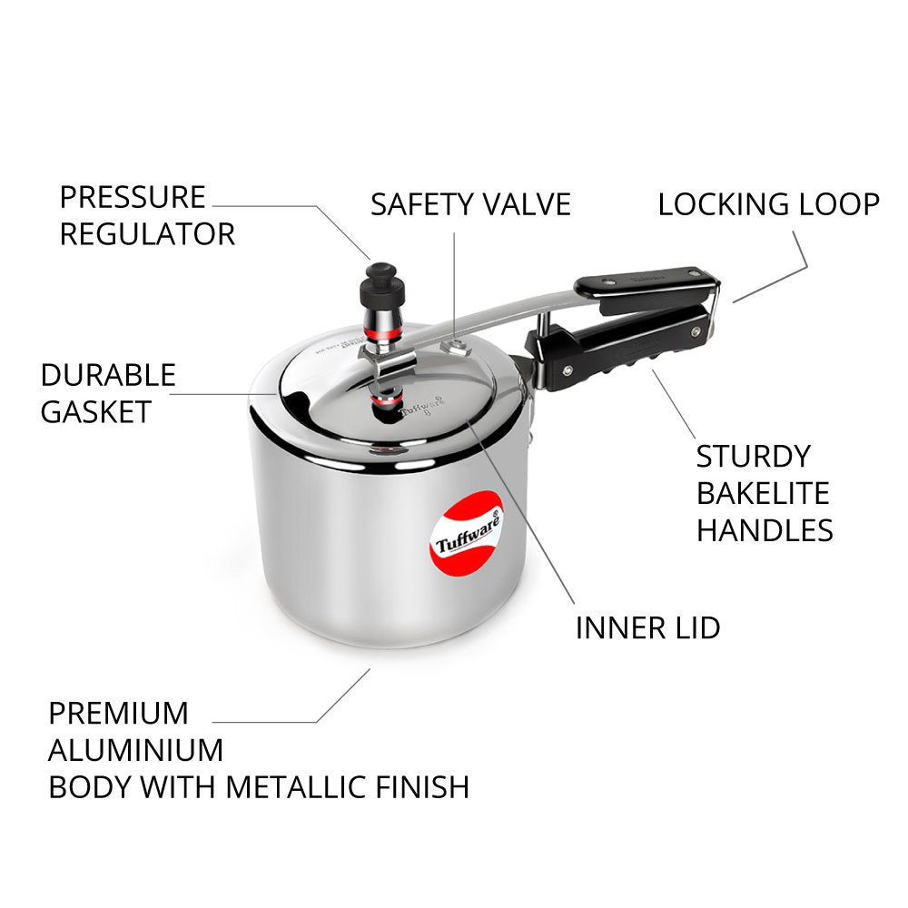 TUFFWARE Aluminium Pressure Cooker - Inner Lid, 6.5 litres, Silver