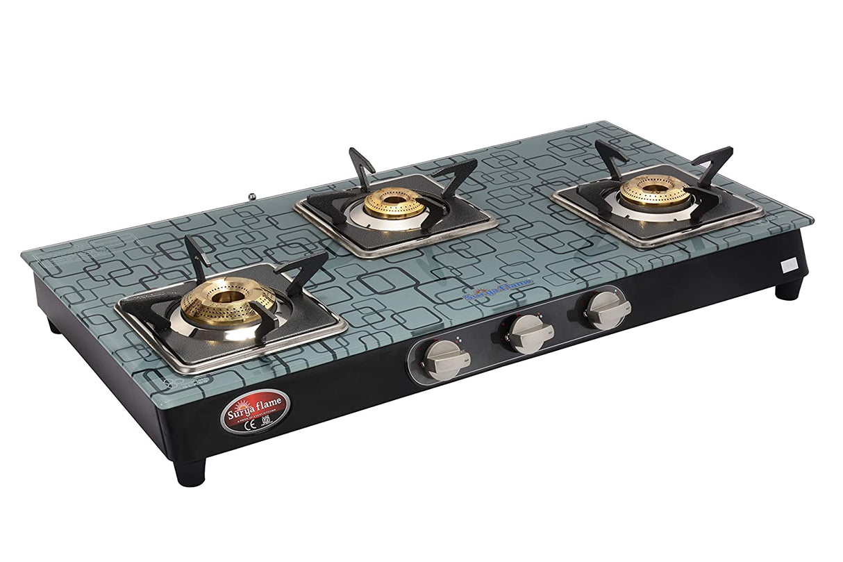 Suryaflame 3 Burner Ultra Glasstop Gas Stove with MS Body (Manual Ignition)