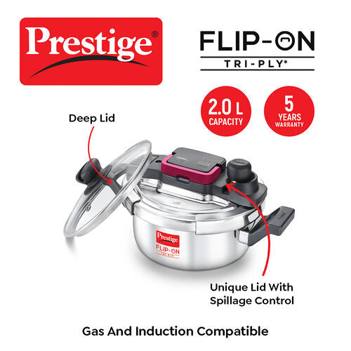 FLIP-ON TRI-PLY STAINLESS STEEL PRESSURE COOKER 2 L 180m WITH GLASS LID 20710