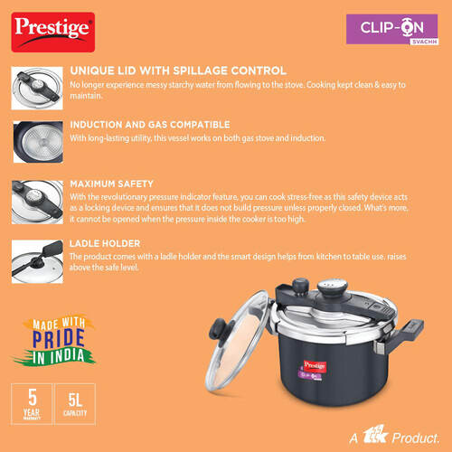 Prestige Clip-on Svachh Hard Anodised Spillage Control Pressure Cooker, 5 L (Black) 20242