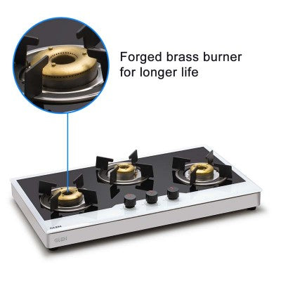 Glen 1073 FB BW AI FFD 3 Forged Brass Burner Glass Gas Hob Free Standing (Flame Failure Device)