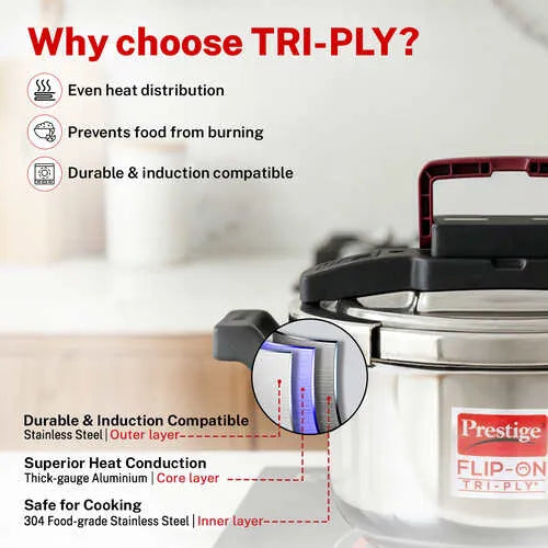 Prestige Flip-On Tri-Ply Stainless Steel Pressure Cooker 3 L 180M With Glass Lid 20711