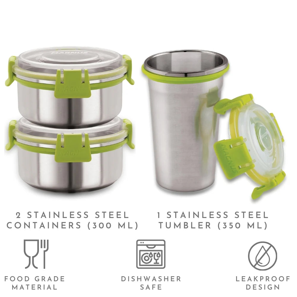 Ethos 3 Stainless Steel Lunch Box Set | 2 Containers & 1 Glass | Air-Tight, Leakproof, Insulated Bag | Ideal for Kids, Office Men & Women | Green