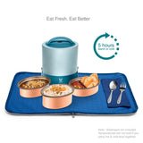 Vaya Tyffyn Blue Copper-Finished Stainless Steel Lunch Box with Bagmat, 1000 ml, 3 Containers, Blue