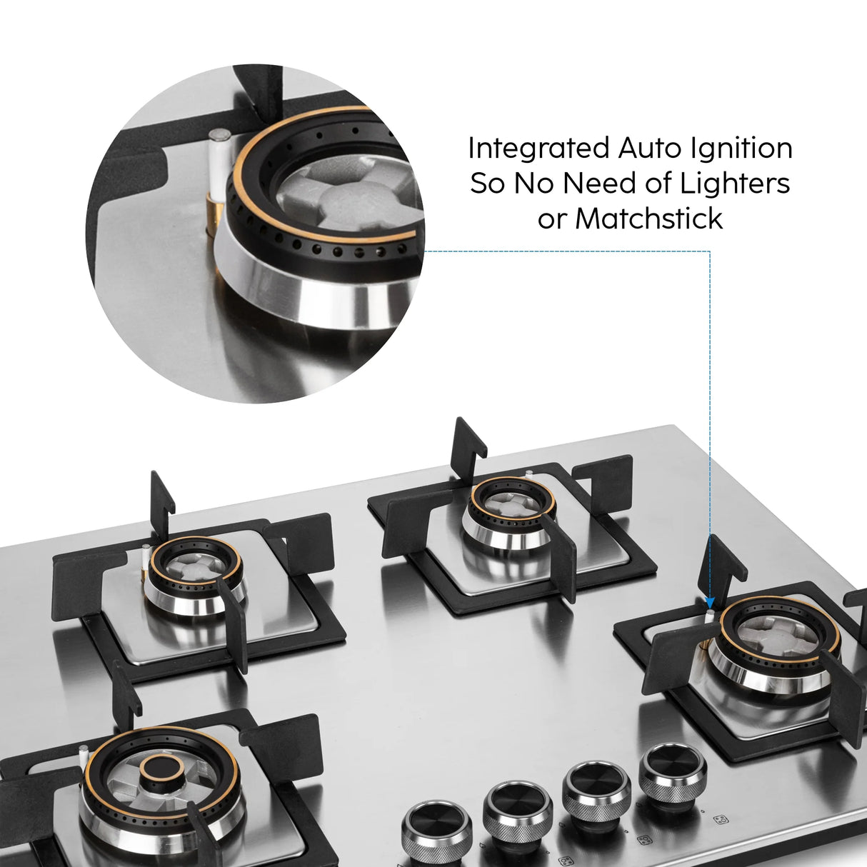 4 Burner Stainless Steel Hob Top with Mini Triple Ring & Double Ring Brass Burners Auto Ignition (BH1074SQHTSSDBMT70)