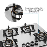 4 Burner Stainless Steel Hob Top with Mini Triple Ring & Double Ring Brass Burners Auto Ignition (BH1074SQHTSSDBMT70)