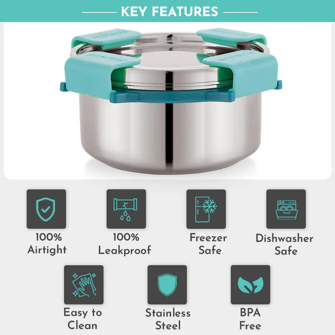 Steel Airtight Leakproof Storage Container with Rev Lock Lid – 750ML – Kitchen Accessories Item, Ideal Lunch Box for Kids & Adults, Perfect Lunch Box for Office Men