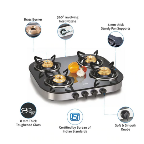 Glen 4 Burner Glass Gas Stove 1 High Flame 3 Brass Burner Round Corners (1046 GT)