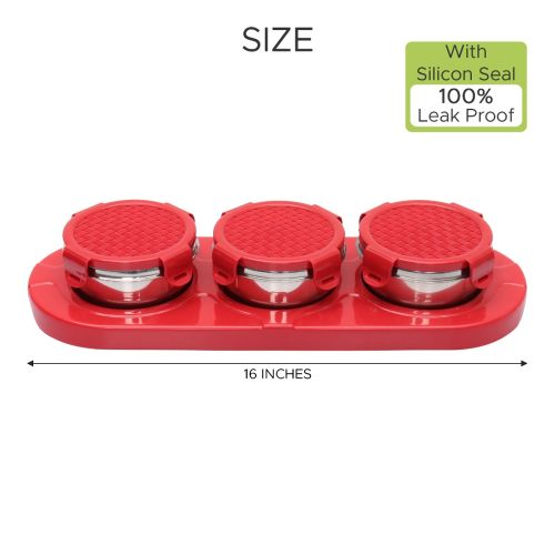 Jaypee plus ZETA-3 Airtight Inner Stainless Steel Dry Fruit Container Set of 3 with Tray 3N - 350 ml Red