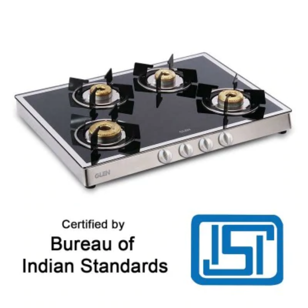 Glen  4 Burner Glass Gas Stove Mirror Finish 1 High Flame 3 Forged Brass Burner 70 CM (1048 GT FBM)