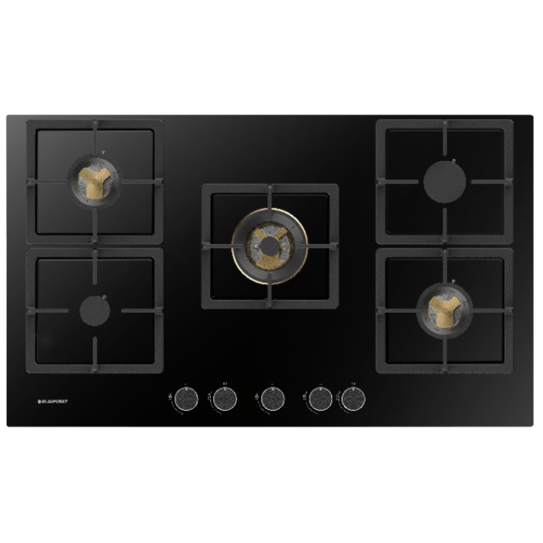 Blaupunkt by Hettich 86cm, 5 Full Brass Burner, Built in Hob 5GH85BB590 Flame Failure Safety Device and Auto Ignition equipped, Cast Iron Pan Support