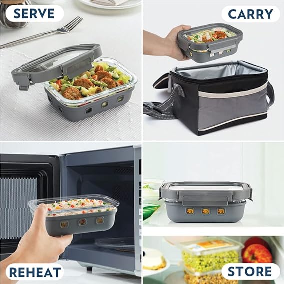 Borosil Klip N Store Plus 640 ml Rectangle Glass Food Storage Container with Air Tight Glass Lid | Borosilicate Glass Container for Lunchbox | Microwave & Dishwasher Safe | Transparent